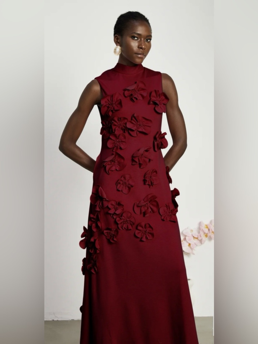Ryanth Burgundy 3D Floral Maxi Dress Size 12 Sleeveless Formal Evening NWT